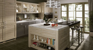 Кухонная мебель в пленке для мебели с имитацией светлого дуба Sonoma